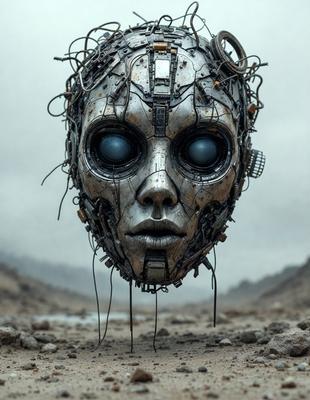 The primary subject of the image is a futuristic robot head with a mix of metallic and organic elements. The robot head is surrounded by a rocky, dirt-covered environment, which adds to the overall atmosphere of the scene. The visual style of the image is a combination of photo and digital art, creating a unique and intriguing appearance. The colors in the image are predominantly metallic and earthy tones, which contribute to the robotic and futuristic theme.
